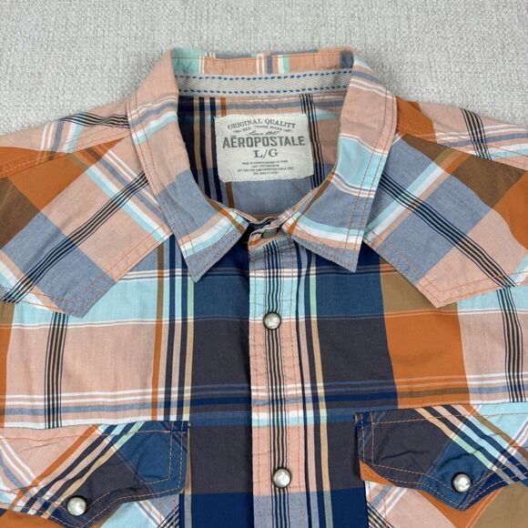 Aeropostale Mens Large Plaid Shirt Western Pearl Snap Button Long Sleeve Orange - Picture 5 of 16